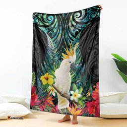 Sulphur-crested Cockatoo New Zealand Blanket Paua Shell Aotearoa Maori Tropical Flowers LT14