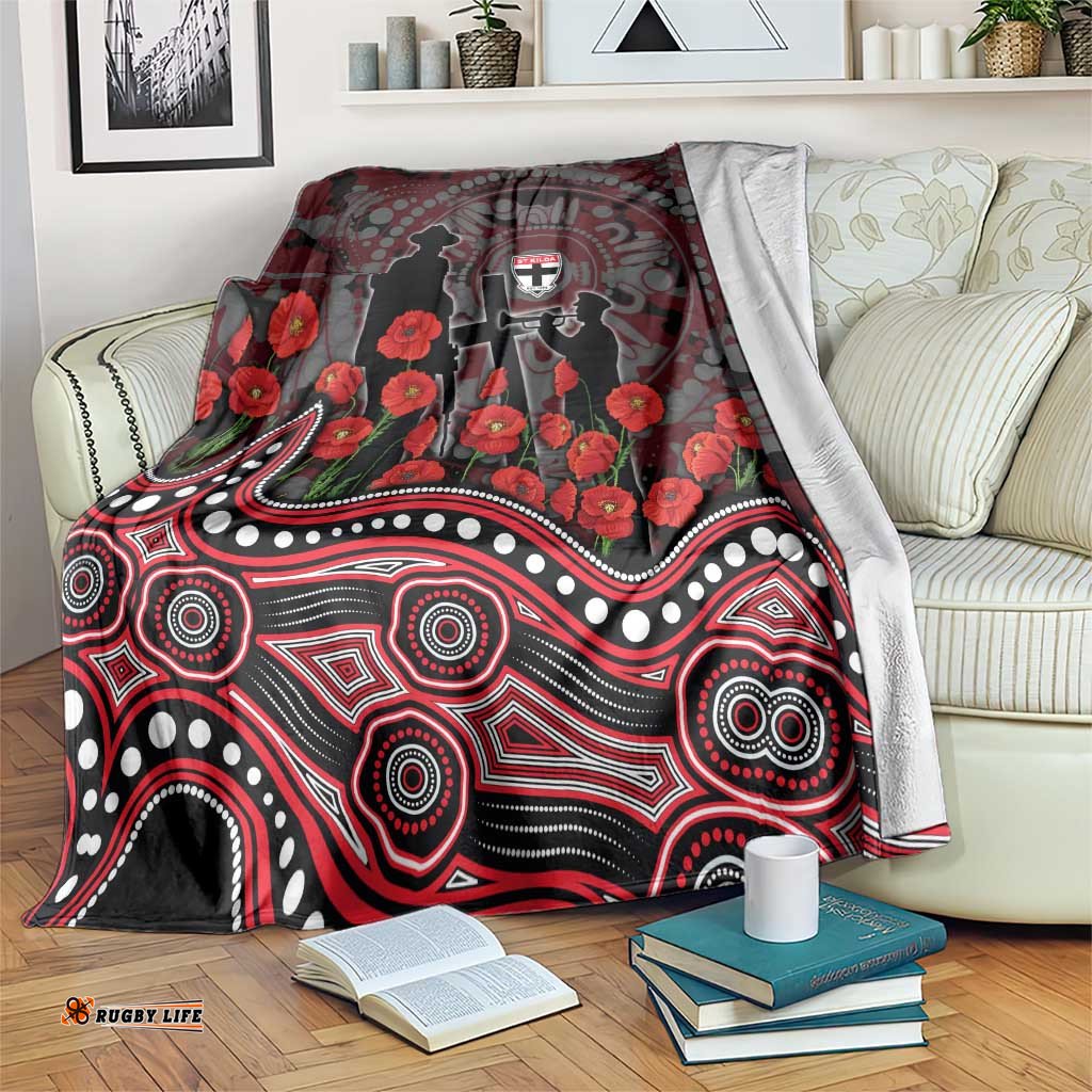 St Kilda Saints ANZAC Day Blanket Indigenous Dot Art with Poppy Flower Tribute TS04