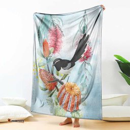 Willie wagtail Australia Blanket Banksia Bottlebrushes Watercolor Stylized LT14