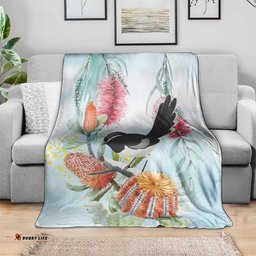 Willie wagtail Australia Blanket Banksia Bottlebrushes Watercolor Stylized LT14