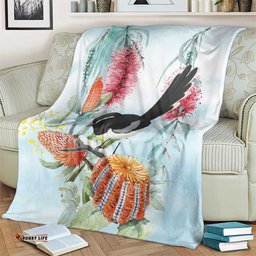 Willie wagtail Australia Blanket Banksia Bottlebrushes Watercolor Stylized LT14
