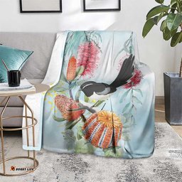 Willie wagtail Australia Blanket Banksia Bottlebrushes Watercolor Stylized LT14