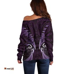 Aotearoa Pounamu Niho Off Shoulder Sweater Silver Fern Mix Maori Pattern - Purple LT14