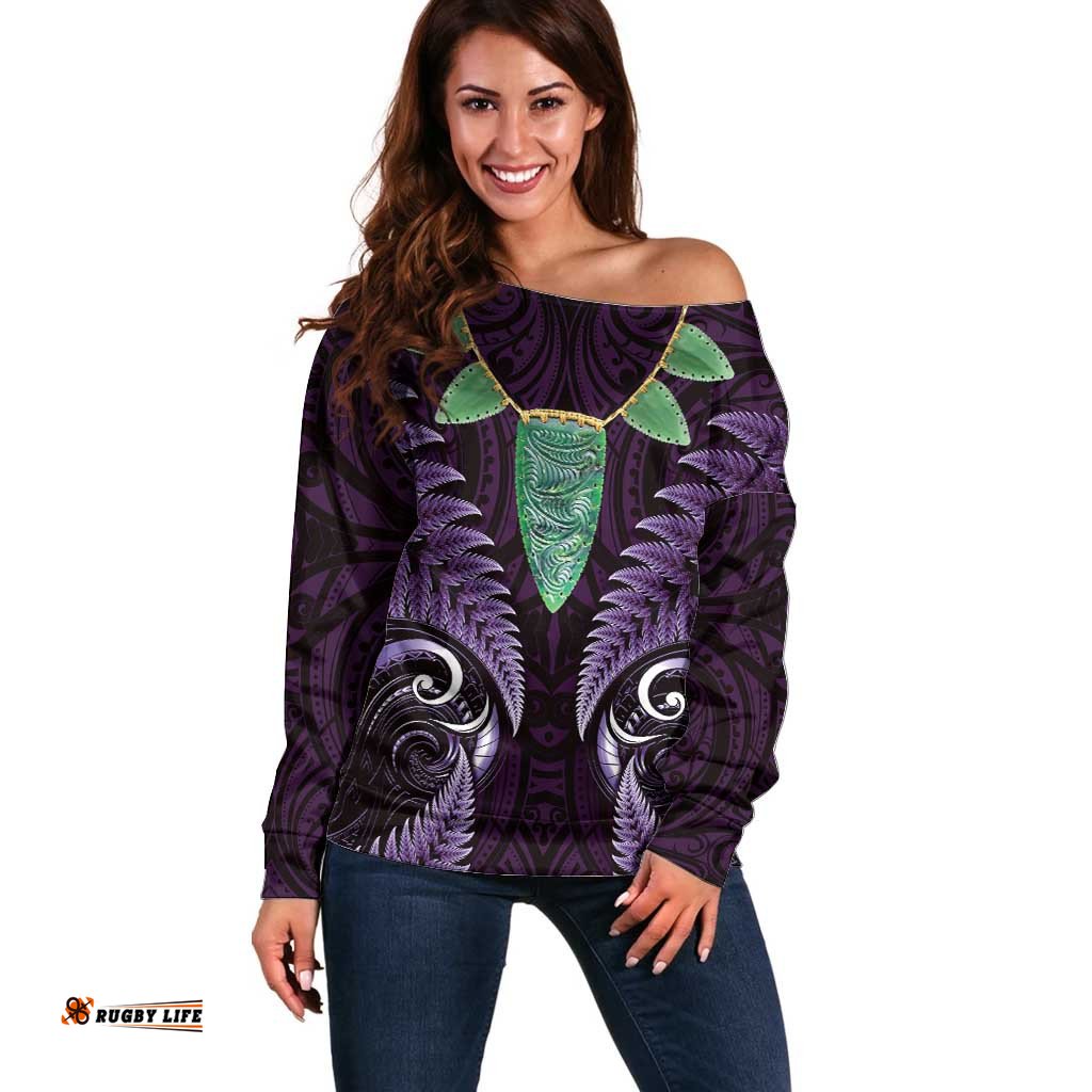 Aotearoa Pounamu Niho Off Shoulder Sweater Silver Fern Mix Maori Pattern - Purple LT14