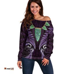 Aotearoa Pounamu Niho Off Shoulder Sweater Silver Fern Mix Maori Pattern - Purple LT14