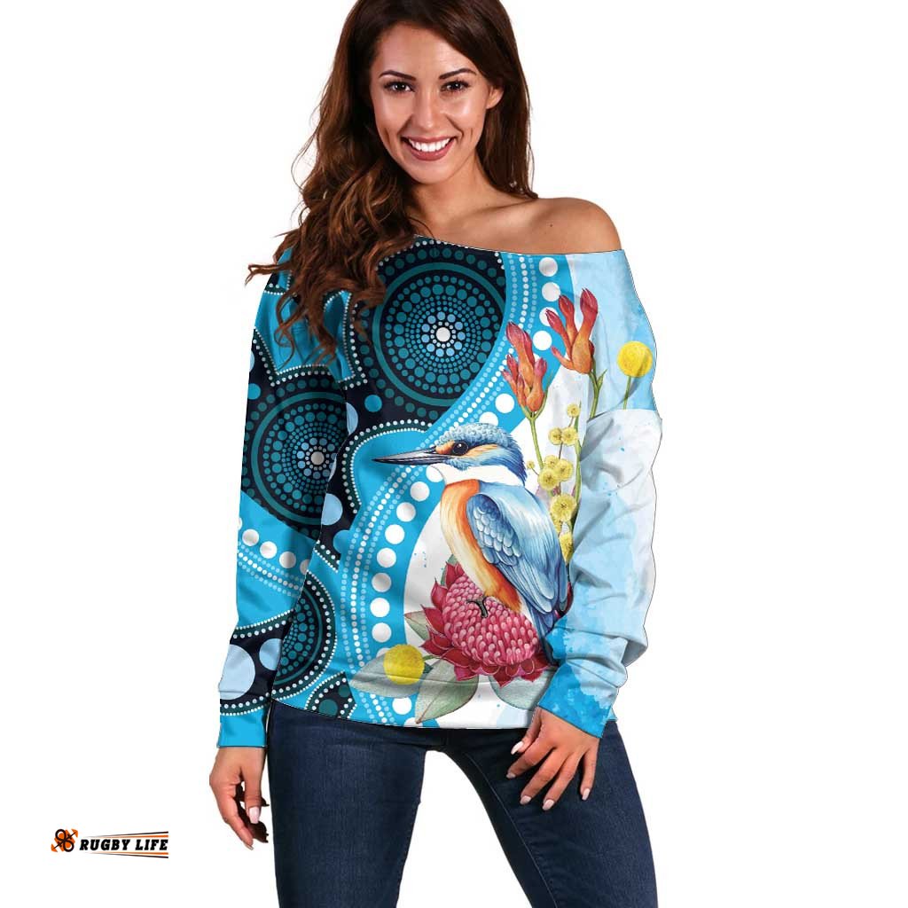Australia Azure Kingfisher Off Shoulder Sweater Australian Native Flowers Indigenous Art LT14