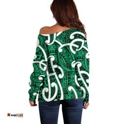 Aotearoa Maori Kowhaiwhai Off Shoulder Sweater Kakariki Puhoro and Patiki LT9