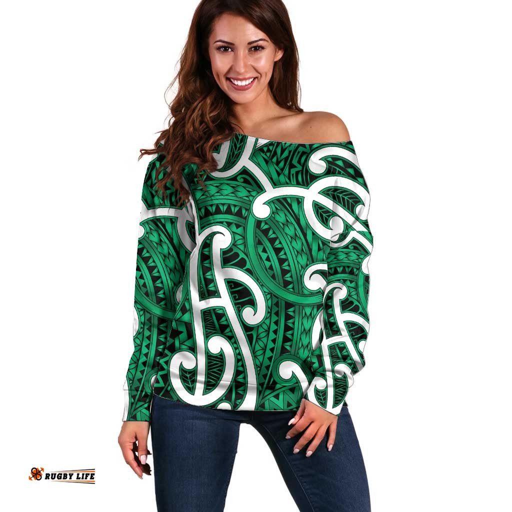 Aotearoa Maori Kowhaiwhai Off Shoulder Sweater Kakariki Puhoro and Patiki LT9
