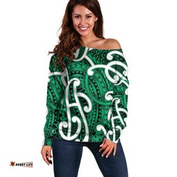 Aotearoa Maori Kowhaiwhai Off Shoulder Sweater Kakariki Puhoro and Patiki LT9