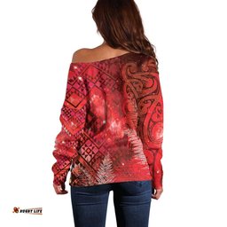 Aotearoa Taniko Matariki Off Shoulder Sweater Cosmic Red LT7