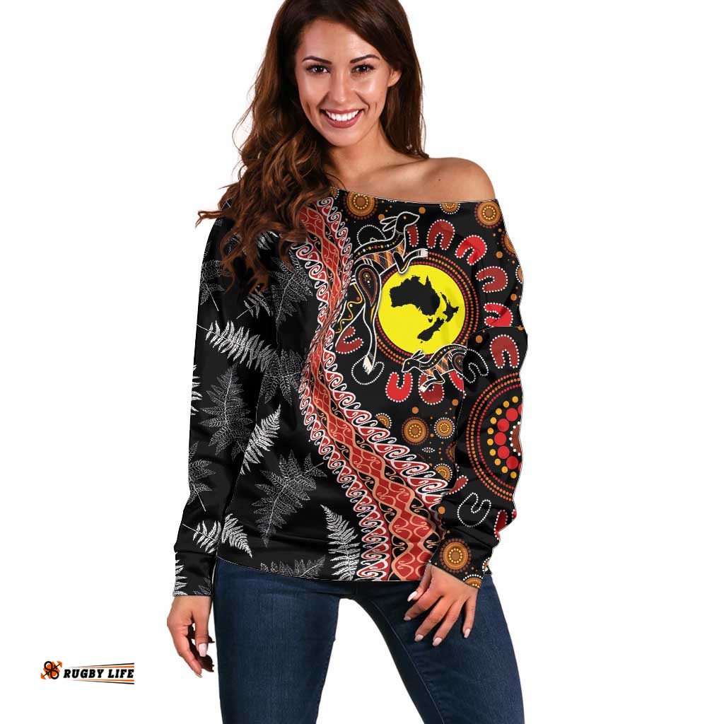 Aotearoa and Australia Off Shoulder Sweater Maori Koru Ferns With Aboriginal Kangaroo LT03
