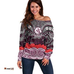 ANZAC Day Manly Warringah Sea Eagles Off Shoulder Sweater Military Memorial Aboriginal Indigenous Art TS04