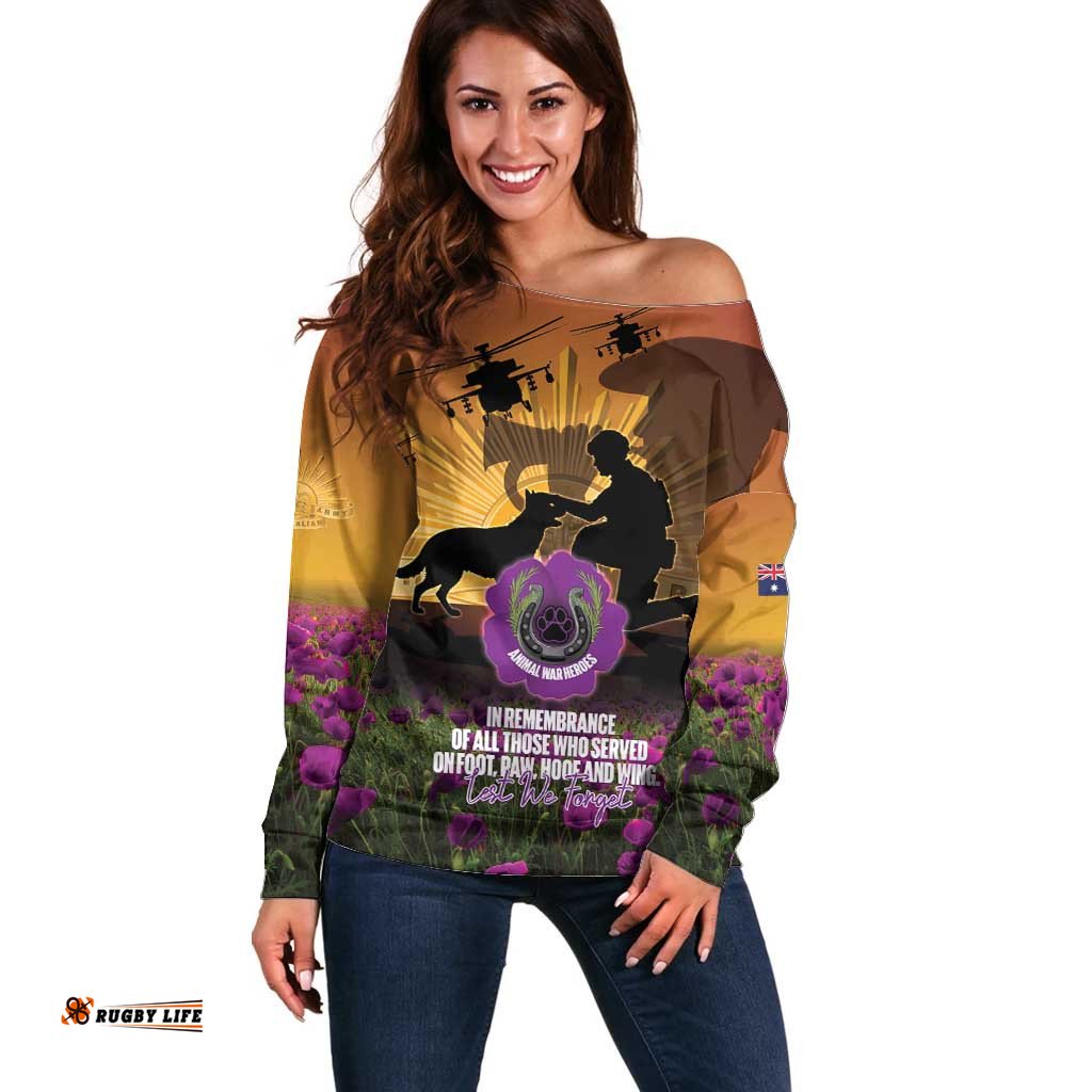 Animal War Heroes Australia ANZAC Day Off Shoulder Sweater We Will Always Remember Them LT14