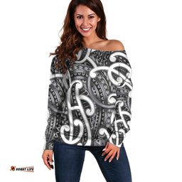 Aotearoa Maori Kowhaiwhai Off Shoulder Sweater Kiwikiwi Puhoro and Patiki LT9