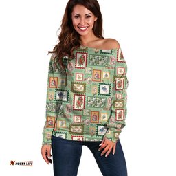 Aussie Birds Christmas La La Land Off Shoulder Sweater Green Vintage Stamp Edition LT9
