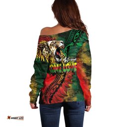 Aotearoa One Love Off Shoulder Sweater Reggae Lion with Kakahu Huruhuru LT03