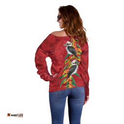 Aussie Kokaburra Golden Wattle Christmas Off Shoulder Sweater Aboriginal Dots Painting Red Motif LT9