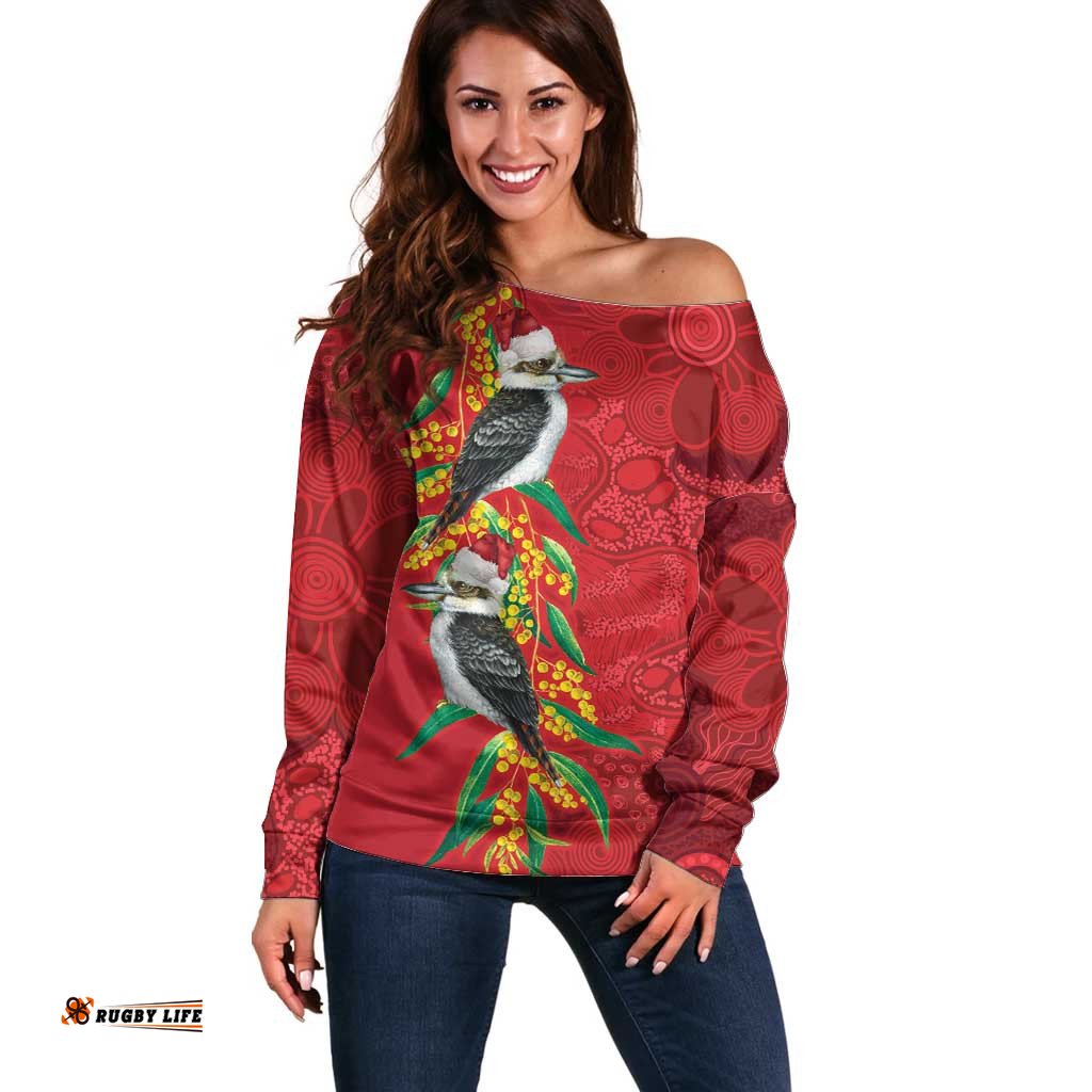 Aussie Kokaburra Golden Wattle Christmas Off Shoulder Sweater Aboriginal Dots Painting Red Motif LT9