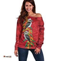 Aussie Kokaburra Golden Wattle Christmas Off Shoulder Sweater Aboriginal Dots Painting Red Motif LT9