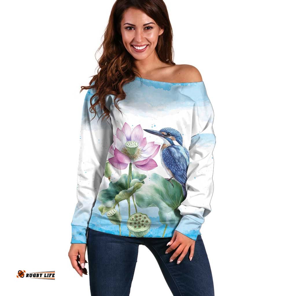 Australia Azure Kingfisher Off Shoulder Sweater Ceyx Azureus Sacred Lotus Watercolor LT14