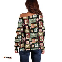 Aussie Birds Christmas La La Land Off Shoulder Sweater Black Vintage Stamp Edition LT9