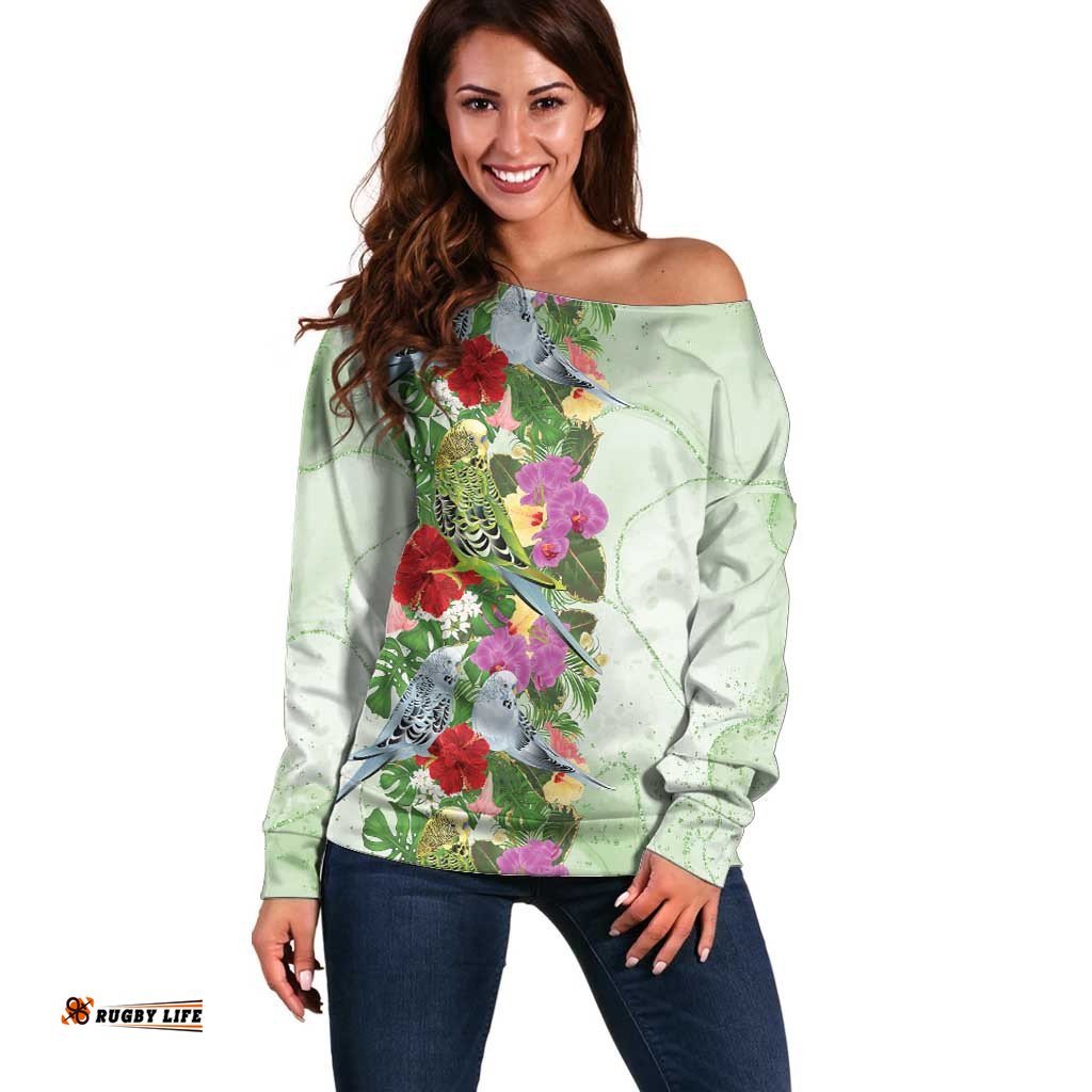 Aussie Budgies Blue And Green Tropical Birds Off Shoulder Sweater LT9