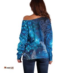Aotearoa Taniko Matariki Off Shoulder Sweater Cosmic Blue LT7