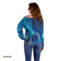 Aotearoa Taniko Matariki Off Shoulder Sweater Cosmic Blue LT7