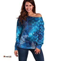 Aotearoa Taniko Matariki Off Shoulder Sweater Cosmic Blue LT7
