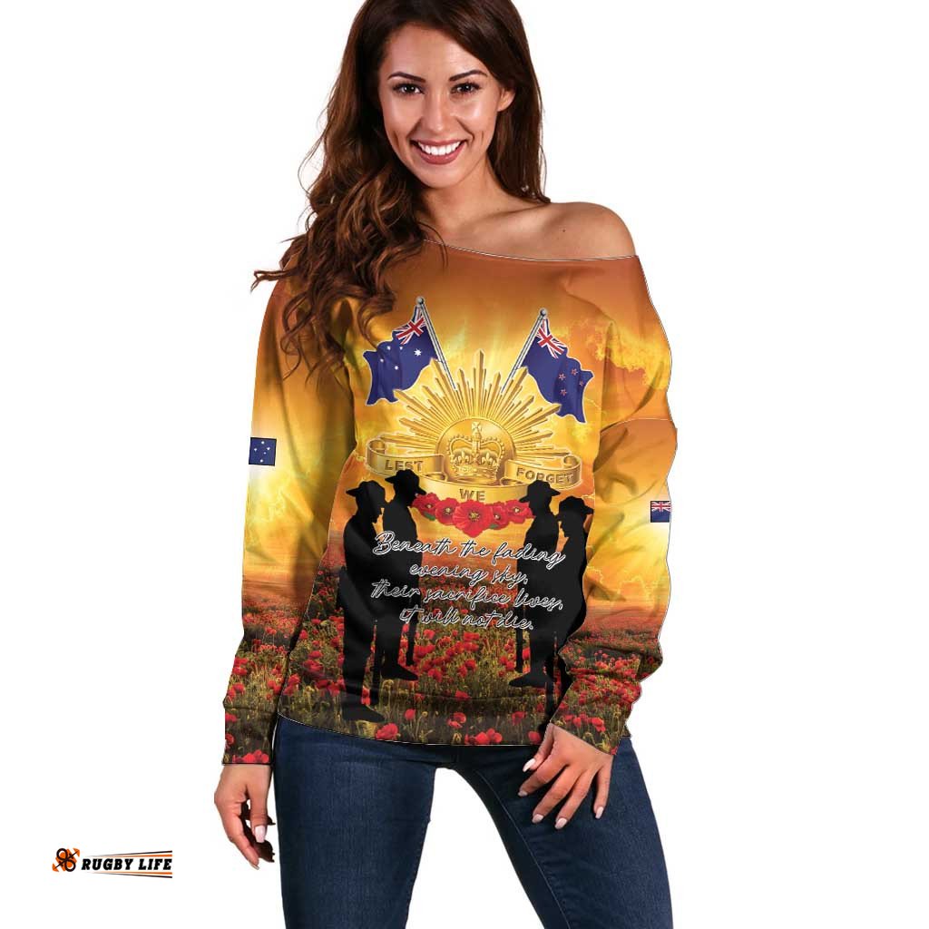 ANZAC Day Off Shoulder Sweater Remembrance Tribute Soldiers And Poppy Field LT05