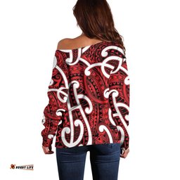 Aotearoa Maori Kowhaiwhai Off Shoulder Sweater Whero Puhoro and Patiki LT9