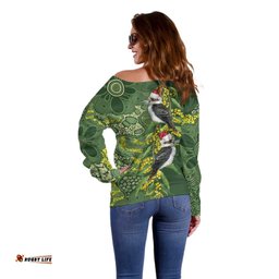 Aussie Kokaburra Golden Wattle Christmas Off Shoulder Sweater Aboriginal Dots Painting Green Motif LT9