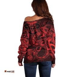 Aotearoa Maori Hei Tiki Off Shoulder Sweater Whero Kowhaiwhai Puhoro Motif LT9