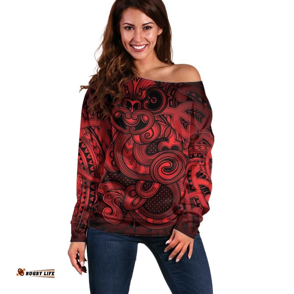 Aotearoa Maori Hei Tiki Off Shoulder Sweater Whero Kowhaiwhai Puhoro Motif LT9