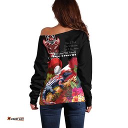 Aotearoa Toitu Te Tiriti Off Shoulder Sweater Waitangi-Honour The Treaty NZ Tuatara and Plants LT03