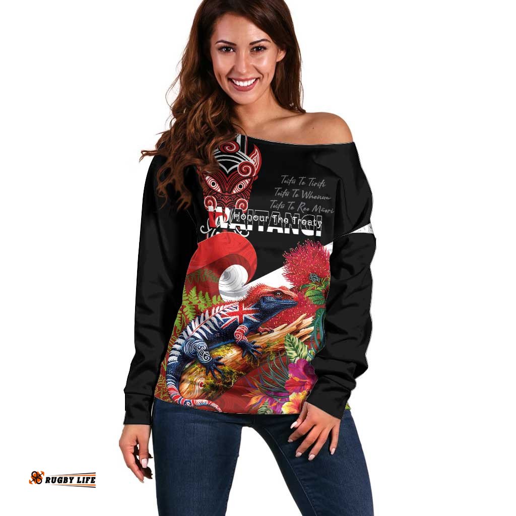 Aotearoa Toitu Te Tiriti Off Shoulder Sweater Waitangi-Honour The Treaty NZ Tuatara and Plants LT03