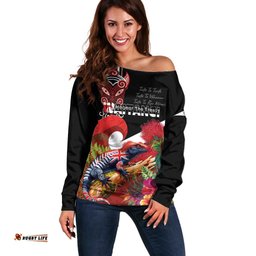 Aotearoa Toitu Te Tiriti Off Shoulder Sweater Waitangi-Honour The Treaty NZ Tuatara and Plants LT03