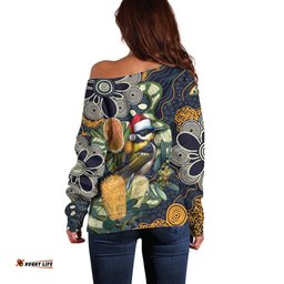Aussie Honeyeaters Banksia Christmas Off Shoulder Sweater Aboriginal Dots Painting Blue Motif LT9