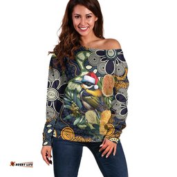 Aussie Honeyeaters Banksia Christmas Off Shoulder Sweater Aboriginal Dots Painting Blue Motif LT9