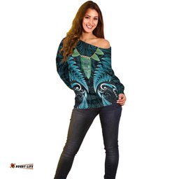 Aotearoa Pounamu Niho Off Shoulder Sweater Silver Fern Mix Maori Pattern - Turquoise LT14