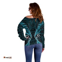 Aotearoa Pounamu Niho Off Shoulder Sweater Silver Fern Mix Maori Pattern - Turquoise LT14