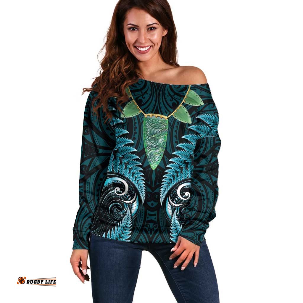 Aotearoa Pounamu Niho Off Shoulder Sweater Silver Fern Mix Maori Pattern - Turquoise LT14