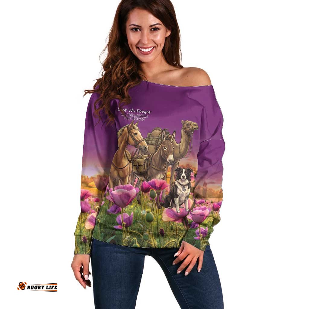 ANZAC Day Off Shoulder Sweater Lest We Forget The Animals Of War LT15
