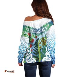 Aotearoa New Zealand Natural Plants Off Shoulder Sweater Pohutukawa with Silver Ferns Koru Frond Maori Tattoos LT03