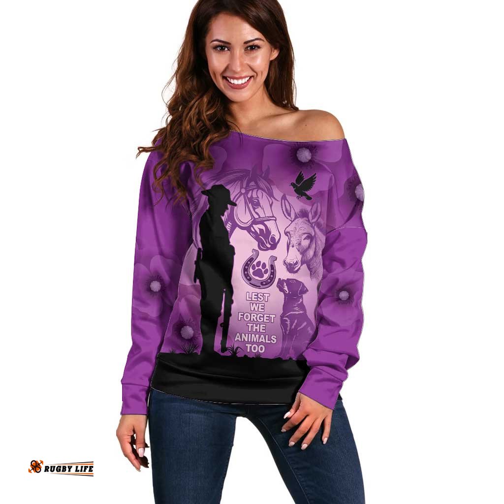Australia Animals ANZAC Day Off Shoulder Sweater Lest We Forget The Animals Too Purple Poppy LT14