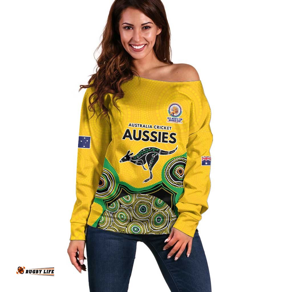 Custom Australia Cricket Spirit 2026 Off Shoulder Sweater World T20 Edition - Gold Aboriginal LT9