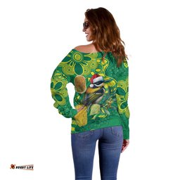 Aussie Honeyeaters Banksia Christmas Off Shoulder Sweater Aboriginal Dots Painting Green Motif LT9
