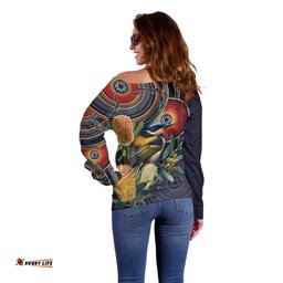 Aussie Honeyeaters Banksia Flowers Off Shoulder Sweater Aboriginal Dots Painting LT9