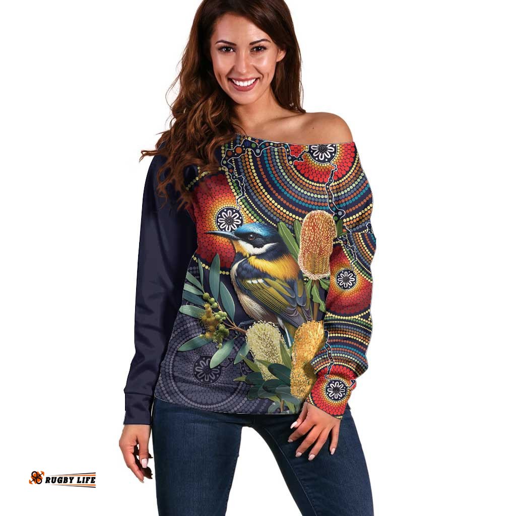 Aussie Honeyeaters Banksia Flowers Off Shoulder Sweater Aboriginal Dots Painting LT9