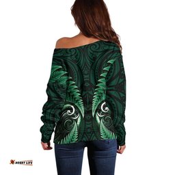 Aotearoa Pounamu Niho Off Shoulder Sweater Silver Fern Mix Maori Pattern - Green LT14